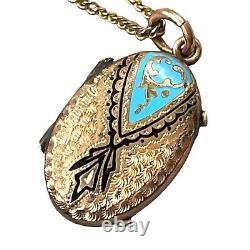 Antique Victorian 1800's Taille D'epargne Photo Locket Enamel Necklace