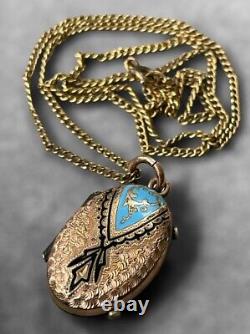 Antique Victorian 1800's Taille D'epargne Photo Locket Enamel Necklace