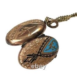 Antique Victorian 1800's Taille D'epargne Photo Locket Enamel Necklace