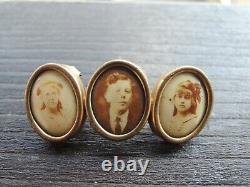 Antique Victorian 3 Frame Gilded Brass Mourning Photo Brooch Pin