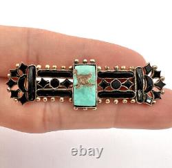 Antique Victorian 8k Gold Turquoise & Black Onyx Mourning Pin Brooch 2.25