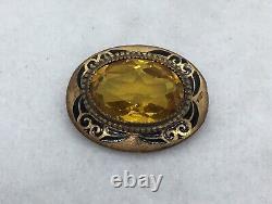 Antique Victorian 8k gold huge citrine black enamel brooch Mournings Jewelry