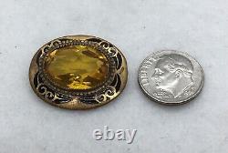 Antique Victorian 8k gold huge citrine black enamel brooch Mournings Jewelry