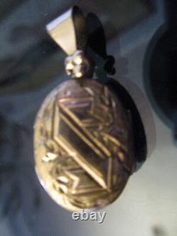 Antique Victorian Black Enamel Taille d'Epargne Etched Gold Locket Pendant