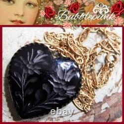 Antique Victorian Black Glass Puffy Heart 14kgf Filigree Chain Mourning Necklace