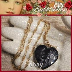 Antique Victorian Black Glass Puffy Heart 14kgf Filigree Chain Mourning Necklace