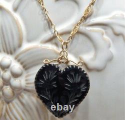 Antique Victorian Black Glass Puffy Heart 14kgf Filigree Chain Mourning Necklace