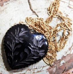 Antique Victorian Black Glass Puffy Heart 14kgf Filigree Chain Mourning Necklace