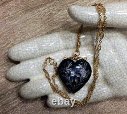 Antique Victorian Black Glass Puffy Heart 14kgf Filigree Chain Mourning Necklace