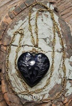 Antique Victorian Black Glass Puffy Heart 14kgf Filigree Chain Mourning Necklace