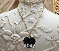 Antique Victorian Black Glass Puffy Heart 14kgf Filigree Chain Mourning Necklace