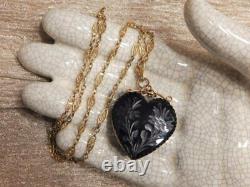 Antique Victorian Black Glass Puffy Heart 14kgf Filigree Chain Mourning Necklace