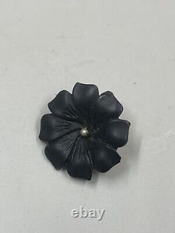 Antique Victorian Black Jet Stone Flower Mourning Brooch Pin Floral Seed Pearl