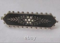 Antique Victorian Edwardian Enamel Black Enamel Seed Pearls Bar Mourning Brooch