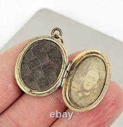 Antique Victorian Era 9K Gold Enameled Hair & Photo Mourning Pendant Locket