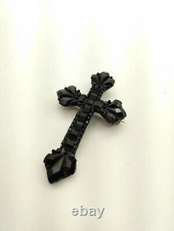 Antique Victorian Faceted French Jet Glass Crucifix Cross Brooch Filigree Frame