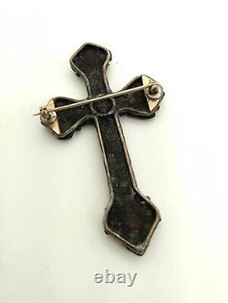 Antique Victorian Faceted French Jet Glass Crucifix Cross Brooch Filigree Frame