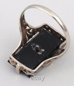 Antique Victorian French Jet or Onyx 14k White Gold Mourning Diamond Ring Size 6