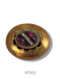 Antique Victorian Garnet & Seed Pearl Hair Mourning Brooch Pin