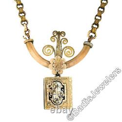 Antique Victorian Gold Filled Book Enamel Mourning Pendant & Rolo Chain Necklace