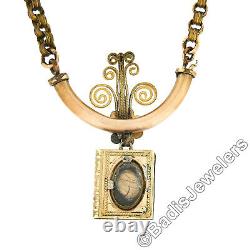 Antique Victorian Gold Filled Book Enamel Mourning Pendant & Rolo Chain Necklace