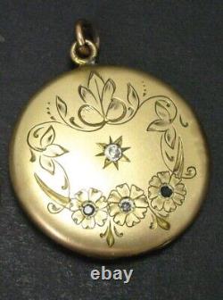 Antique Victorian Gold Filled Engraved Flowers Paste Stones Large Locket Pendant