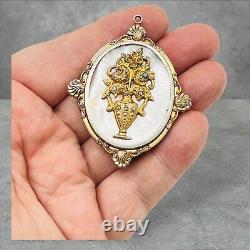 Antique Victorian Gold Tone Mourning Locket Fob Mother of Pearl Flower Bouquet