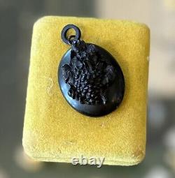 Antique Victorian Gutta Percha Grapes with Leaves Mourning Locket Pendant Etched