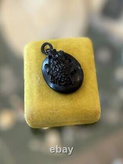 Antique Victorian Gutta Percha Grapes with Leaves Mourning Locket Pendant Etched