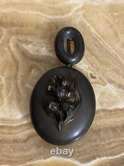 Antique Victorian Gutta Percha Locket Pendant Lily of the Valley Motif