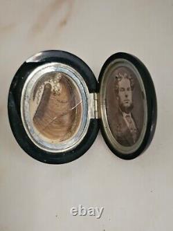 Antique Victorian Jet Black Mourning Brooch Locket With Photo And Hair Clipping