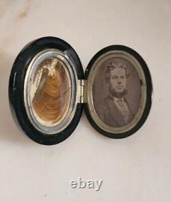 Antique Victorian Jet Black Mourning Brooch Locket With Photo And Hair Clipping