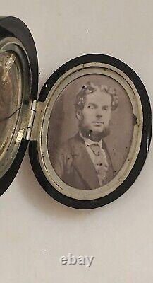 Antique Victorian Jet Black Mourning Brooch Locket With Photo And Hair Clipping