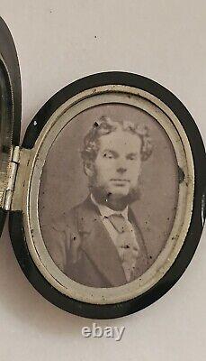 Antique Victorian Jet Black Mourning Brooch Locket With Photo And Hair Clipping