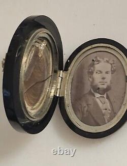 Antique Victorian Jet Black Mourning Brooch Locket With Photo And Hair Clipping