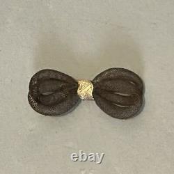 Antique Victorian Memento Bow Shaped Woven Hair Work Mourning Brooch