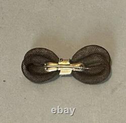 Antique Victorian Memento Bow Shaped Woven Hair Work Mourning Brooch
