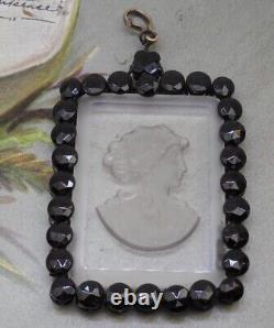 Antique Victorian Momento Mori Mourning Czech Intaglio Glass Cameo Pin Brooch