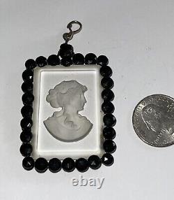 Antique Victorian Momento Mori Mourning Czech Intaglio Glass Cameo Pin Brooch