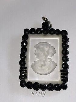 Antique Victorian Momento Mori Mourning Czech Intaglio Glass Cameo Pin Brooch