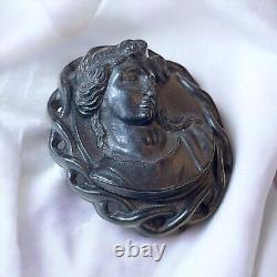 Antique Victorian Mourning Cameo Gutta Percha Brooch Pin Pendant High Relief