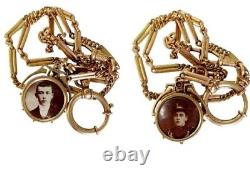 Antique Victorian Mourning Double Portrait WW1 Soldier Goldfill On Watch Chain