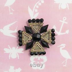 Antique Victorian Mourning French Jet Gold Filled Blonde Hair Cross Brooch Pin