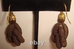 Antique Victorian Mourning Hairwork Woven Hair 14k Gold Pierced Earrings England