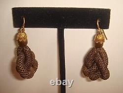 Antique Victorian Mourning Hairwork Woven Hair 14k Gold Pierced Earrings England