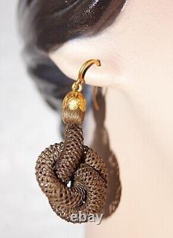 Antique Victorian Mourning Hairwork Woven Hair 14k Gold Pierced Earrings England