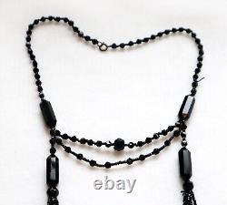 Antique Victorian Mourning Jet Glass Necklace Beaded Double Tassels Faceted Bead
