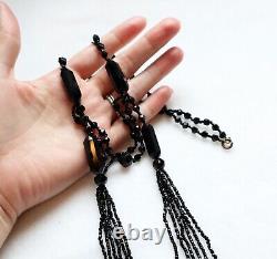 Antique Victorian Mourning Jet Glass Necklace Beaded Double Tassels Faceted Bead