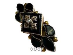 Antique Victorian Mourning Jewelry BROOCH PIN Gold Filled Seed Pearls Black Onyx