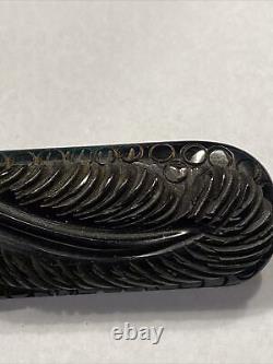 Antique Victorian Mourning Jewelry Carved Plume Brown Black Whitby Jet Bar Pin